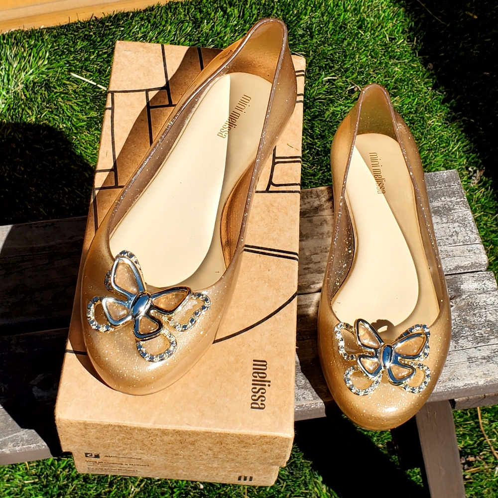 Melissa Gold Glitter Jelly Flats with Butterfly Embellishment